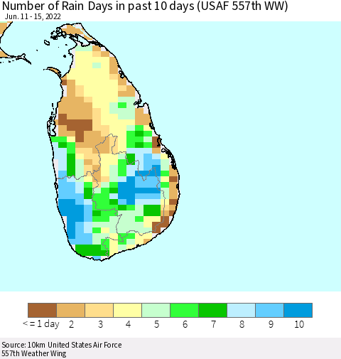 Sri Lanka Number of Rain Days in past 10 days (USAF 557th WW) Thematic Map For 6/11/2022 - 6/15/2022