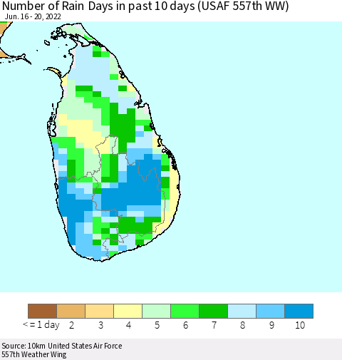Sri Lanka Number of Rain Days in past 10 days (USAF 557th WW) Thematic Map For 6/16/2022 - 6/20/2022