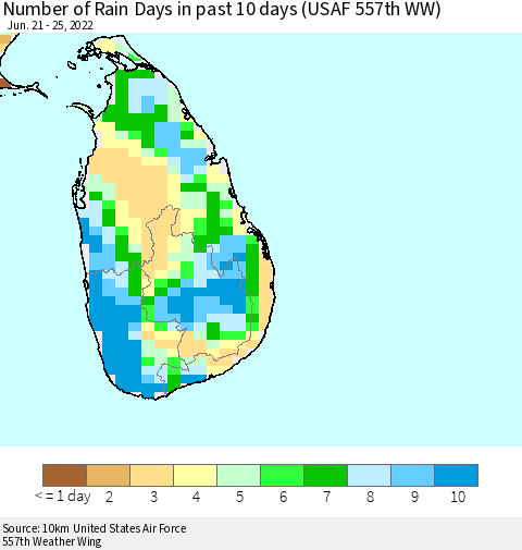Sri Lanka Number of Rain Days in past 10 days (USAF 557th WW) Thematic Map For 6/21/2022 - 6/25/2022