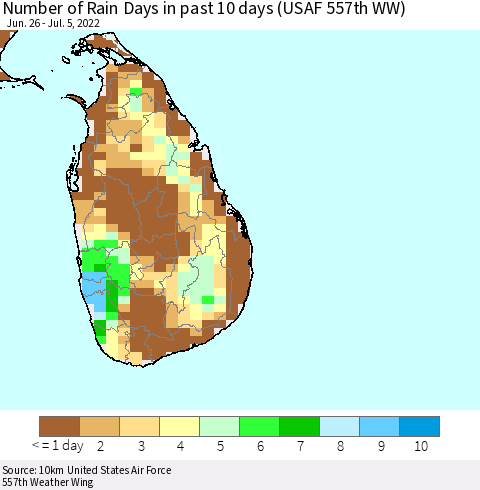 Sri Lanka Number of Rain Days in past 10 days (USAF 557th WW) Thematic Map For 7/1/2022 - 7/5/2022
