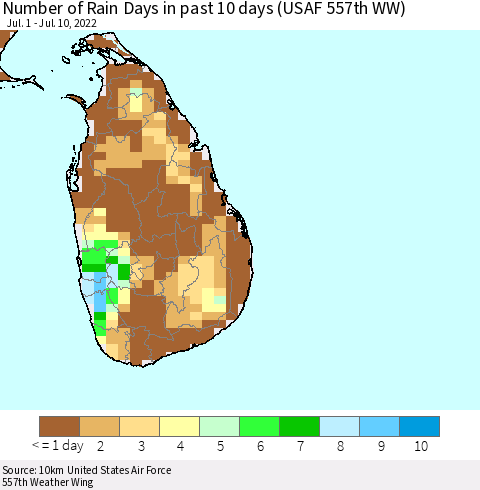 Sri Lanka Number of Rain Days in past 10 days (USAF 557th WW) Thematic Map For 7/6/2022 - 7/10/2022
