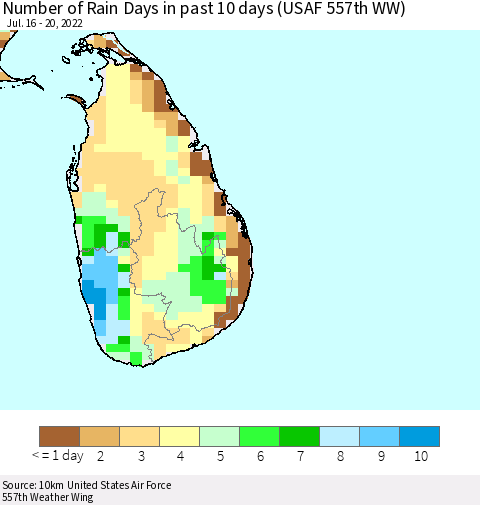 Sri Lanka Number of Rain Days in past 10 days (USAF 557th WW) Thematic Map For 7/16/2022 - 7/20/2022