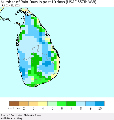 Sri Lanka Number of Rain Days in past 10 days (USAF 557th WW) Thematic Map For 7/21/2022 - 7/25/2022