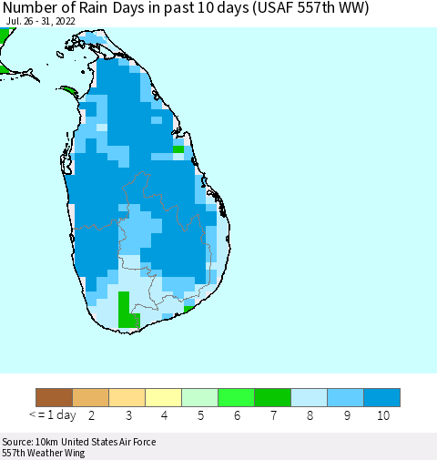 Sri Lanka Number of Rain Days in past 10 days (USAF 557th WW) Thematic Map For 7/26/2022 - 7/31/2022