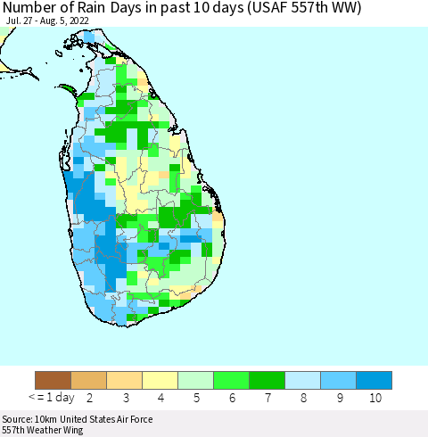 Sri Lanka Number of Rain Days in past 10 days (USAF 557th WW) Thematic Map For 8/1/2022 - 8/5/2022