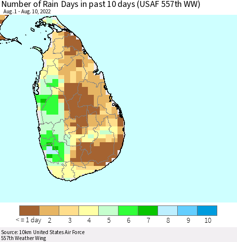 Sri Lanka Number of Rain Days in past 10 days (USAF 557th WW) Thematic Map For 8/6/2022 - 8/10/2022