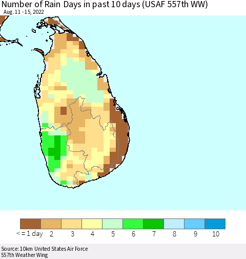 Sri Lanka Number of Rain Days in past 10 days (USAF 557th WW) Thematic Map For 8/11/2022 - 8/15/2022
