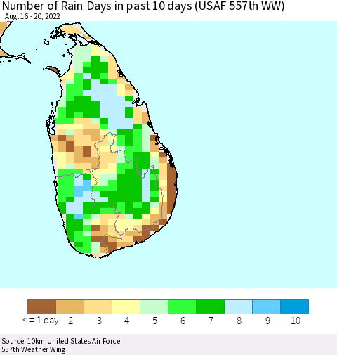 Sri Lanka Number of Rain Days in past 10 days (USAF 557th WW) Thematic Map For 8/16/2022 - 8/20/2022