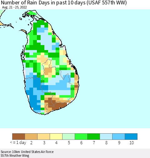 Sri Lanka Number of Rain Days in past 10 days (USAF 557th WW) Thematic Map For 8/21/2022 - 8/25/2022