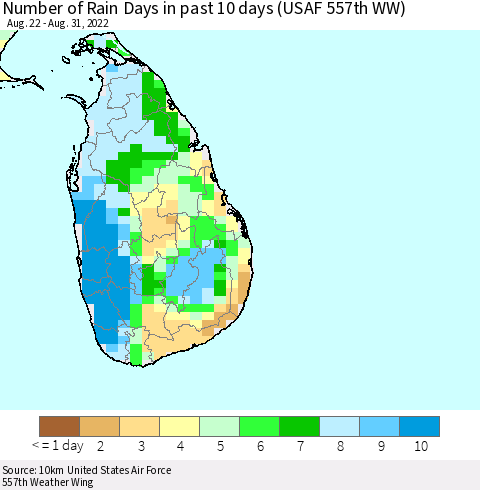 Sri Lanka Number of Rain Days in past 10 days (USAF 557th WW) Thematic Map For 8/26/2022 - 8/31/2022