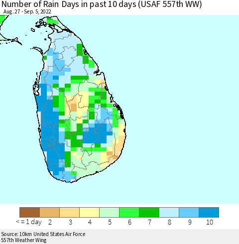 Sri Lanka Number of Rain Days in past 10 days (USAF 557th WW) Thematic Map For 9/1/2022 - 9/5/2022