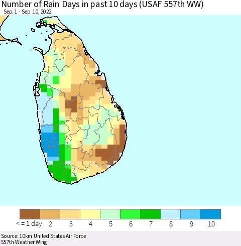 Sri Lanka Number of Rain Days in past 10 days (USAF 557th WW) Thematic Map For 9/6/2022 - 9/10/2022