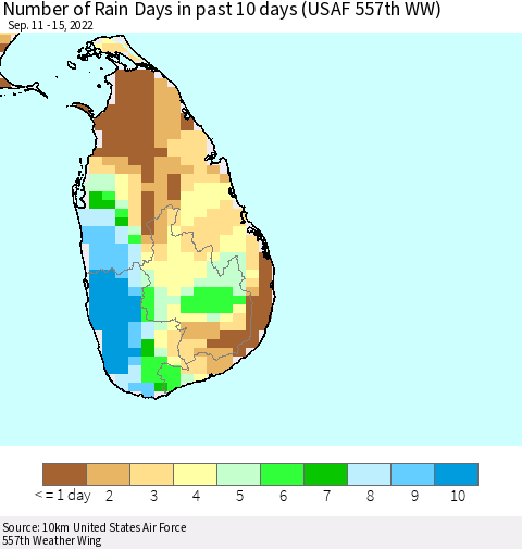Sri Lanka Number of Rain Days in past 10 days (USAF 557th WW) Thematic Map For 9/11/2022 - 9/15/2022