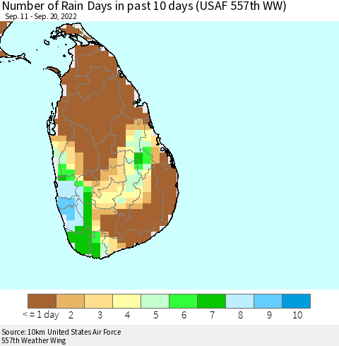 Sri Lanka Number of Rain Days in past 10 days (USAF 557th WW) Thematic Map For 9/16/2022 - 9/20/2022