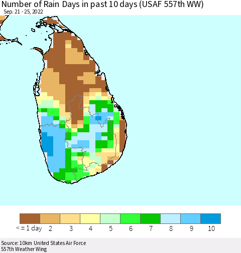 Sri Lanka Number of Rain Days in past 10 days (USAF 557th WW) Thematic Map For 9/21/2022 - 9/25/2022