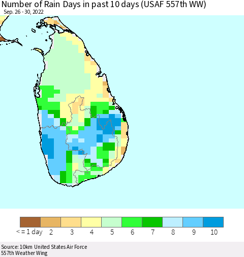 Sri Lanka Number of Rain Days in past 10 days (USAF 557th WW) Thematic Map For 9/26/2022 - 9/30/2022