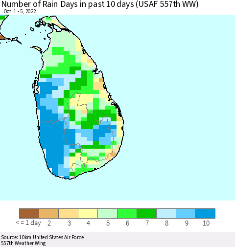 Sri Lanka Number of Rain Days in past 10 days (USAF 557th WW) Thematic Map For 10/1/2022 - 10/5/2022