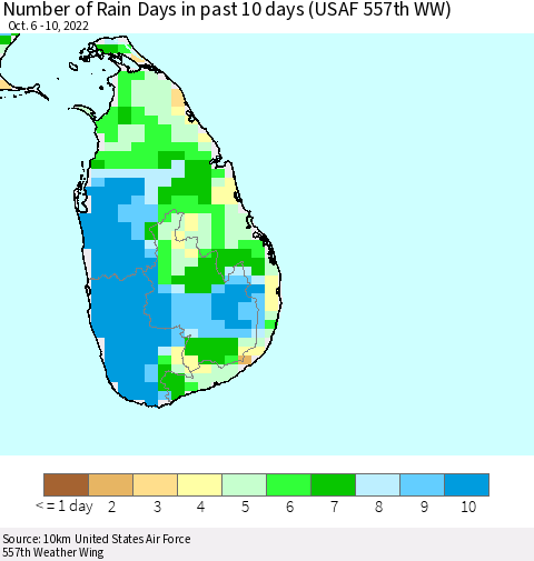 Sri Lanka Number of Rain Days in past 10 days (USAF 557th WW) Thematic Map For 10/6/2022 - 10/10/2022