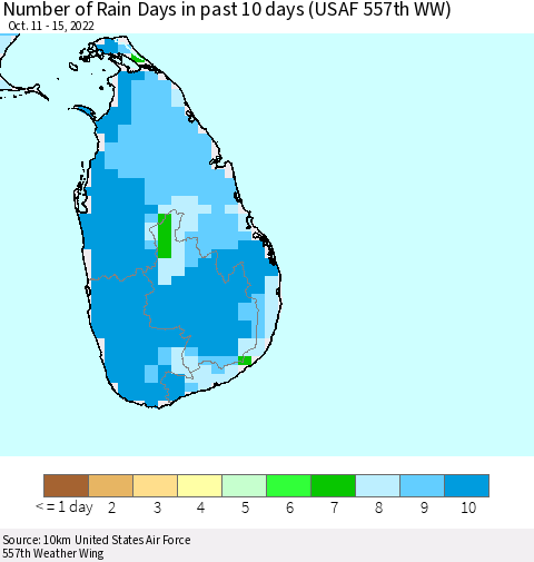 Sri Lanka Number of Rain Days in past 10 days (USAF 557th WW) Thematic Map For 10/11/2022 - 10/15/2022