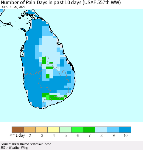 Sri Lanka Number of Rain Days in past 10 days (USAF 557th WW) Thematic Map For 10/16/2022 - 10/20/2022