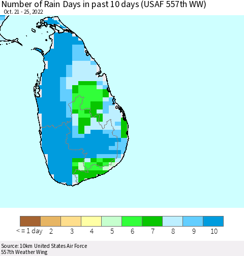 Sri Lanka Number of Rain Days in past 10 days (USAF 557th WW) Thematic Map For 10/21/2022 - 10/25/2022