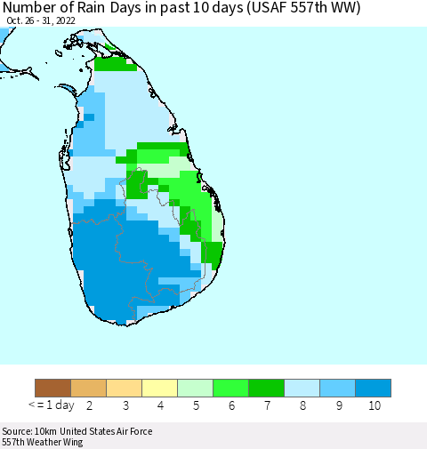 Sri Lanka Number of Rain Days in past 10 days (USAF 557th WW) Thematic Map For 10/26/2022 - 10/31/2022