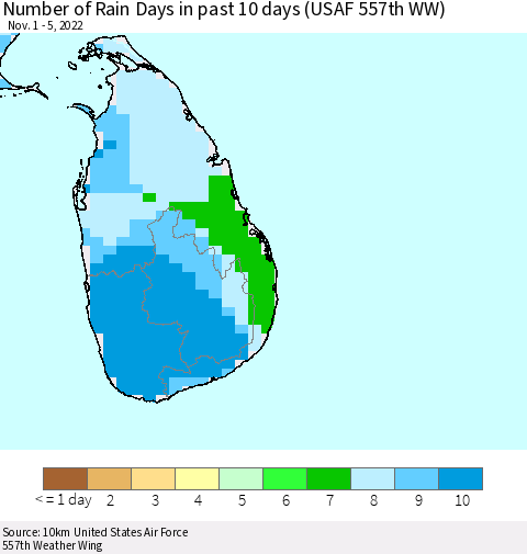 Sri Lanka Number of Rain Days in past 10 days (USAF 557th WW) Thematic Map For 11/1/2022 - 11/5/2022