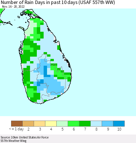 Sri Lanka Number of Rain Days in past 10 days (USAF 557th WW) Thematic Map For 11/16/2022 - 11/20/2022