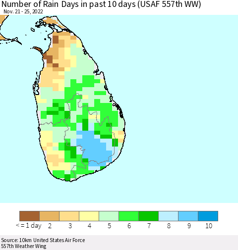 Sri Lanka Number of Rain Days in past 10 days (USAF 557th WW) Thematic Map For 11/21/2022 - 11/25/2022