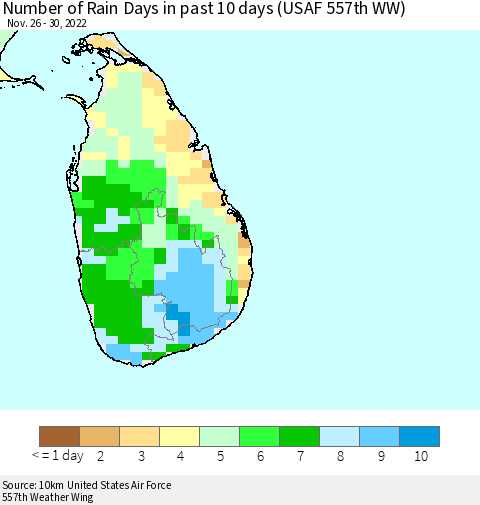 Sri Lanka Number of Rain Days in past 10 days (USAF 557th WW) Thematic Map For 11/26/2022 - 11/30/2022