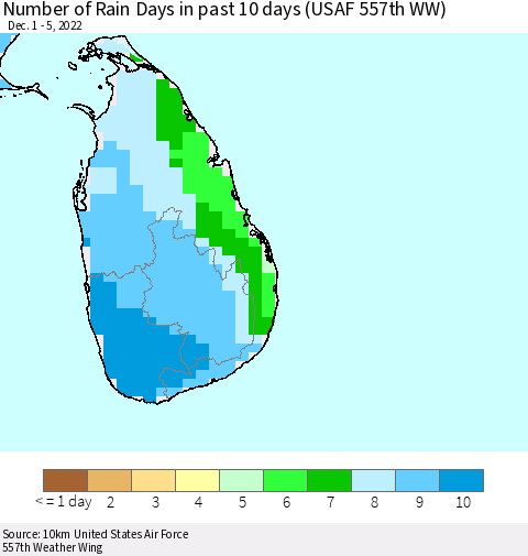 Sri Lanka Number of Rain Days in past 10 days (USAF 557th WW) Thematic Map For 12/1/2022 - 12/5/2022