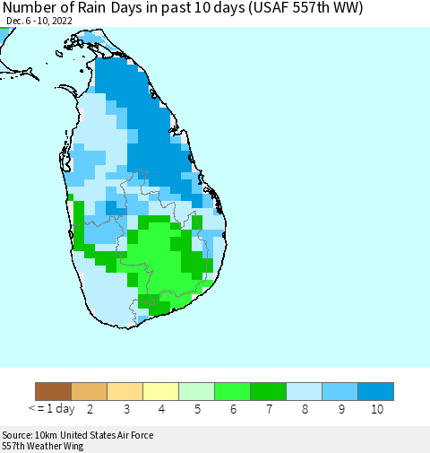 Sri Lanka Number of Rain Days in past 10 days (USAF 557th WW) Thematic Map For 12/6/2022 - 12/10/2022