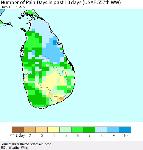 Sri Lanka Number of Rain Days in past 10 days (USAF 557th WW) Thematic Map For 12/11/2022 - 12/15/2022