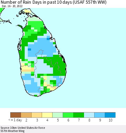 Sri Lanka Number of Rain Days in past 10 days (USAF 557th WW) Thematic Map For 12/16/2022 - 12/20/2022