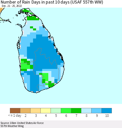 Sri Lanka Number of Rain Days in past 10 days (USAF 557th WW) Thematic Map For 12/21/2022 - 12/25/2022