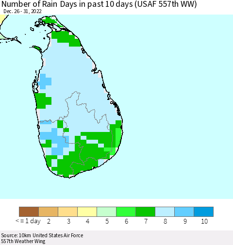 Sri Lanka Number of Rain Days in past 10 days (USAF 557th WW) Thematic Map For 12/26/2022 - 12/31/2022