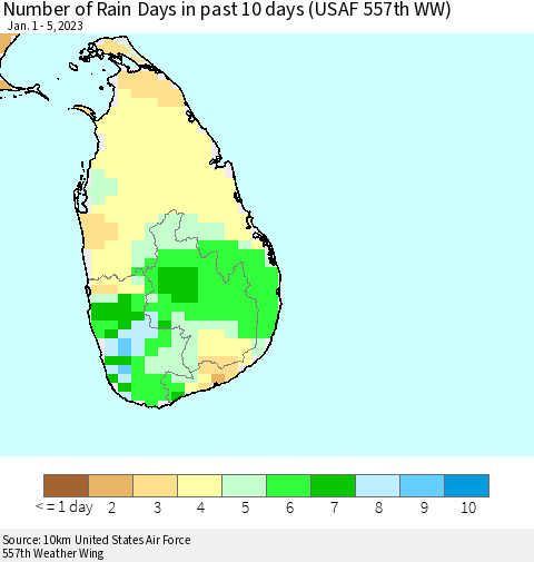 Sri Lanka Number of Rain Days in past 10 days (USAF 557th WW) Thematic Map For 1/1/2023 - 1/5/2023