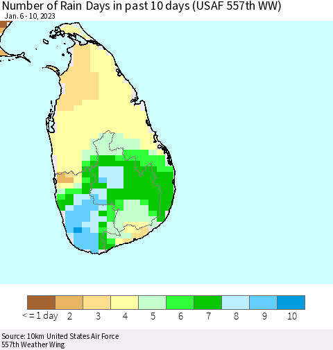 Sri Lanka Number of Rain Days in past 10 days (USAF 557th WW) Thematic Map For 1/6/2023 - 1/10/2023