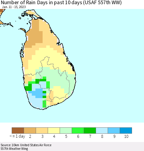 Sri Lanka Number of Rain Days in past 10 days (USAF 557th WW) Thematic Map For 1/11/2023 - 1/15/2023