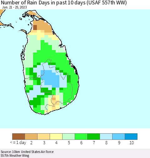 Sri Lanka Number of Rain Days in past 10 days (USAF 557th WW) Thematic Map For 1/21/2023 - 1/25/2023