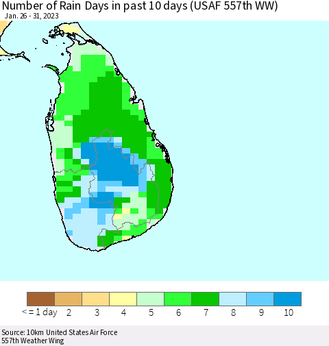 Sri Lanka Number of Rain Days in past 10 days (USAF 557th WW) Thematic Map For 1/26/2023 - 1/31/2023