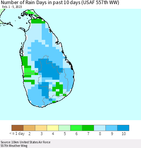 Sri Lanka Number of Rain Days in past 10 days (USAF 557th WW) Thematic Map For 2/1/2023 - 2/5/2023