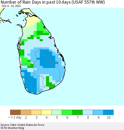 Sri Lanka Number of Rain Days in past 10 days (USAF 557th WW) Thematic Map For 2/6/2023 - 2/10/2023