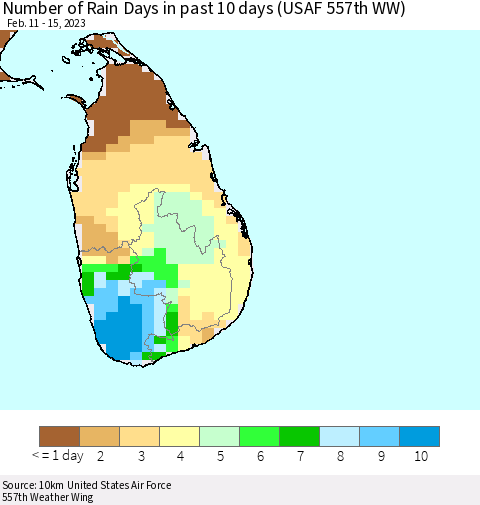 Sri Lanka Number of Rain Days in past 10 days (USAF 557th WW) Thematic Map For 2/11/2023 - 2/15/2023