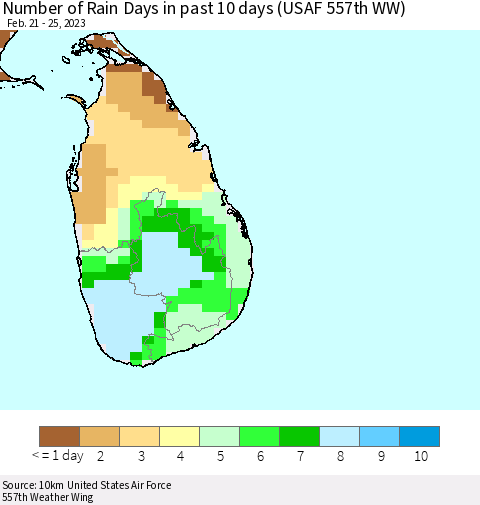 Sri Lanka Number of Rain Days in past 10 days (USAF 557th WW) Thematic Map For 2/21/2023 - 2/25/2023