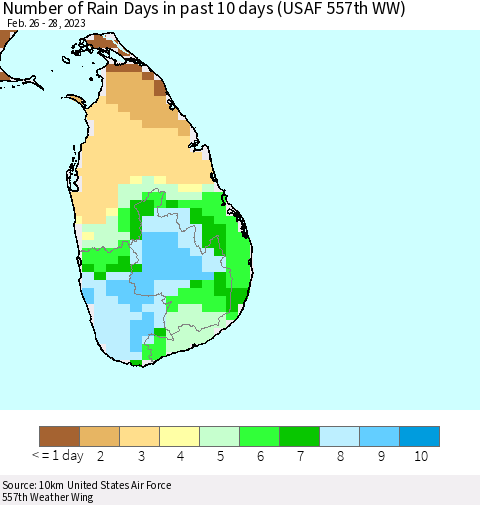Sri Lanka Number of Rain Days in past 10 days (USAF 557th WW) Thematic Map For 2/26/2023 - 2/28/2023