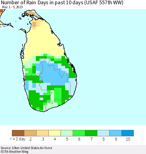 Sri Lanka Number of Rain Days in past 10 days (USAF 557th WW) Thematic Map For 3/1/2023 - 3/5/2023