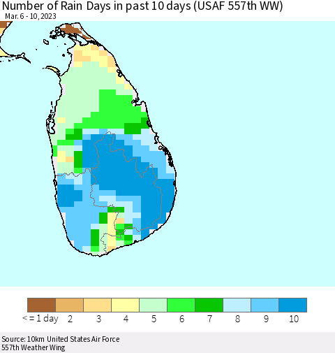 Sri Lanka Number of Rain Days in past 10 days (USAF 557th WW) Thematic Map For 3/6/2023 - 3/10/2023