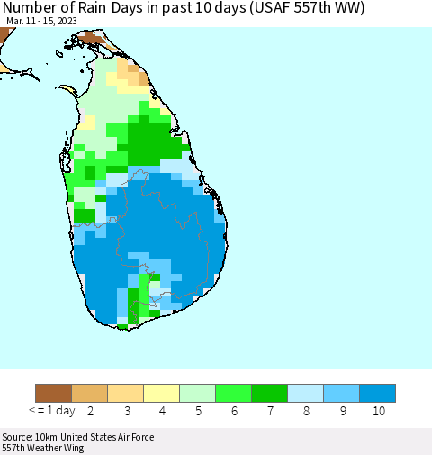 Sri Lanka Number of Rain Days in past 10 days (USAF 557th WW) Thematic Map For 3/11/2023 - 3/15/2023