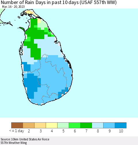 Sri Lanka Number of Rain Days in past 10 days (USAF 557th WW) Thematic Map For 3/16/2023 - 3/20/2023